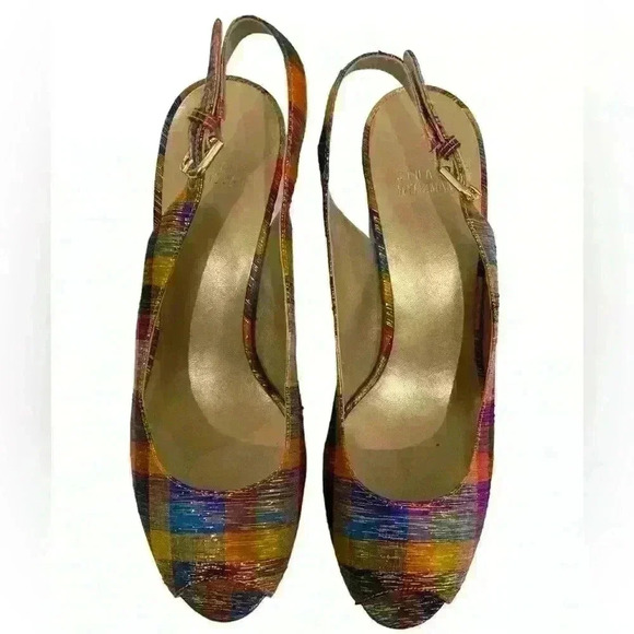 Stuart Weitzman plaid with gold cork wedge sling back peep toe shoes size 9M - Picture 1 of 8